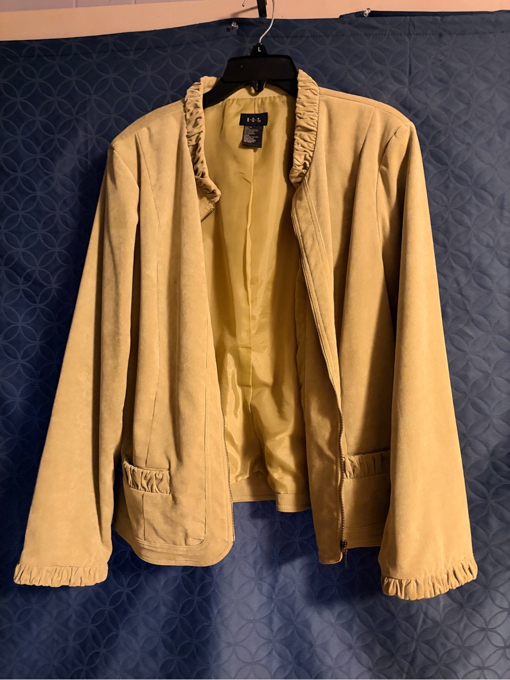 R.Q.T Tan Suede-Look Open Blazer with Ruffle Trim